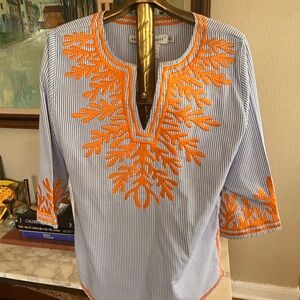 Gretchen Scott Designs Blue & White Striped Tunic with Orange Embroidery